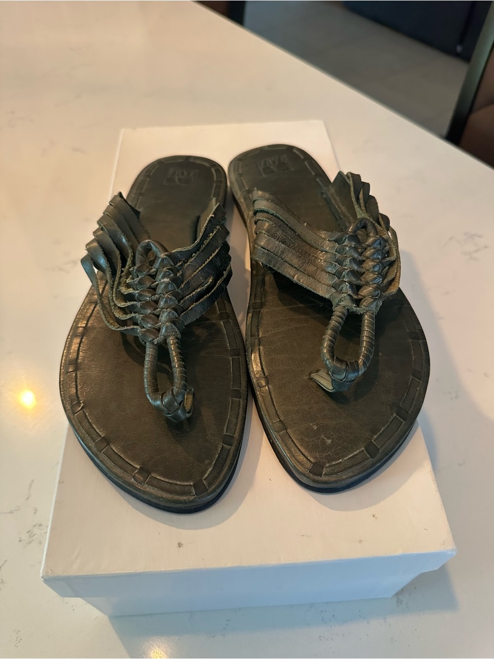 Frye Olive Green Leather Fringe Sandals